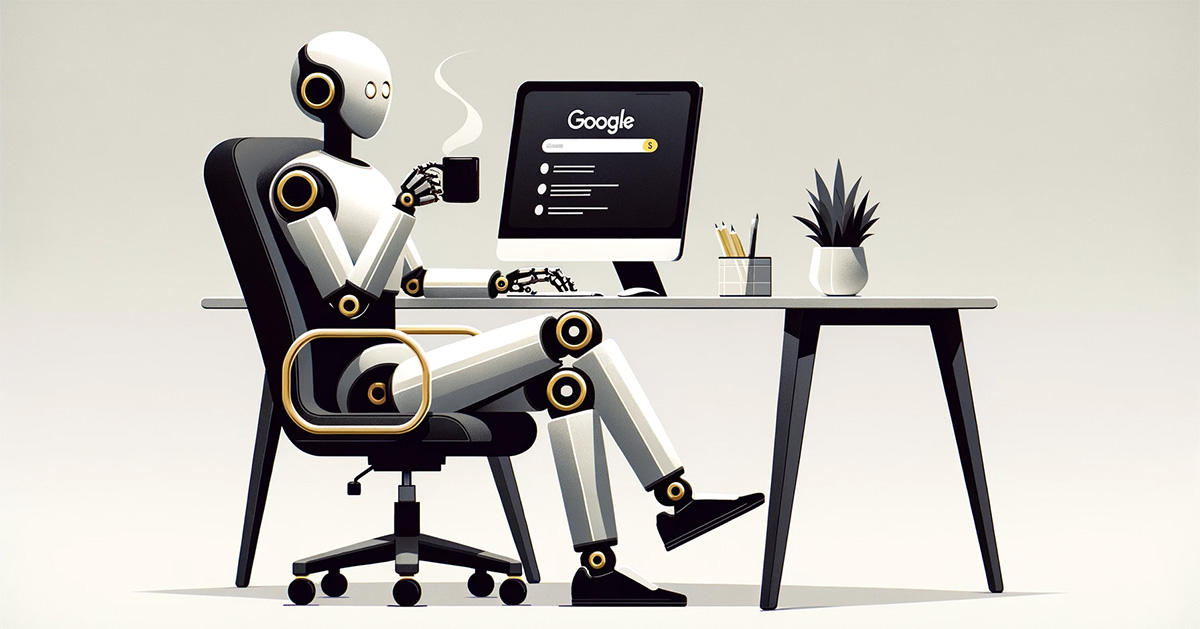Robot sitting at a desk with a Google homepage on the computer screen, sipping a beverage with robotic hand, and office supplies on the desk. Redefining the Game: How AI Will Affect SEO – Featured Image