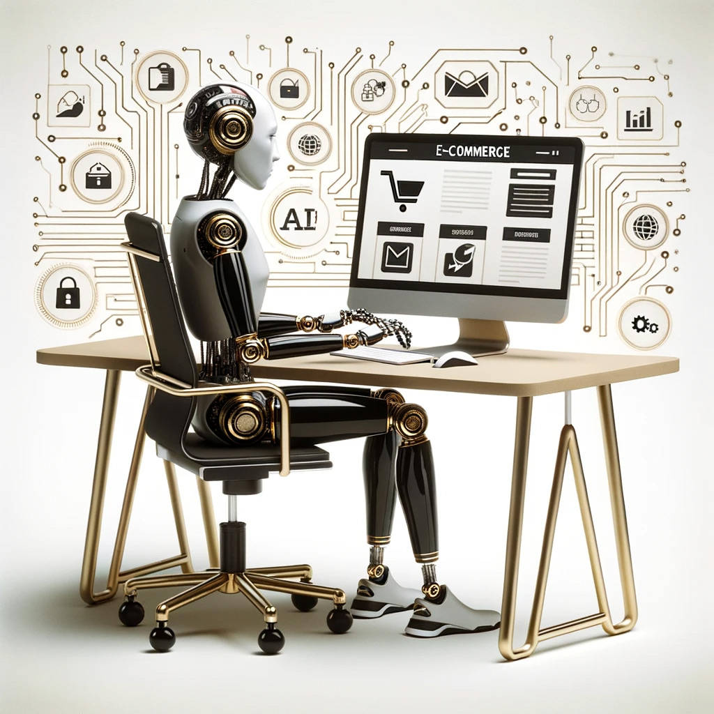 A robot AI is sitting at a desk working on an ecommerce website on her computer. Redefining the Game: How AI Will Affect SEO – Body Image