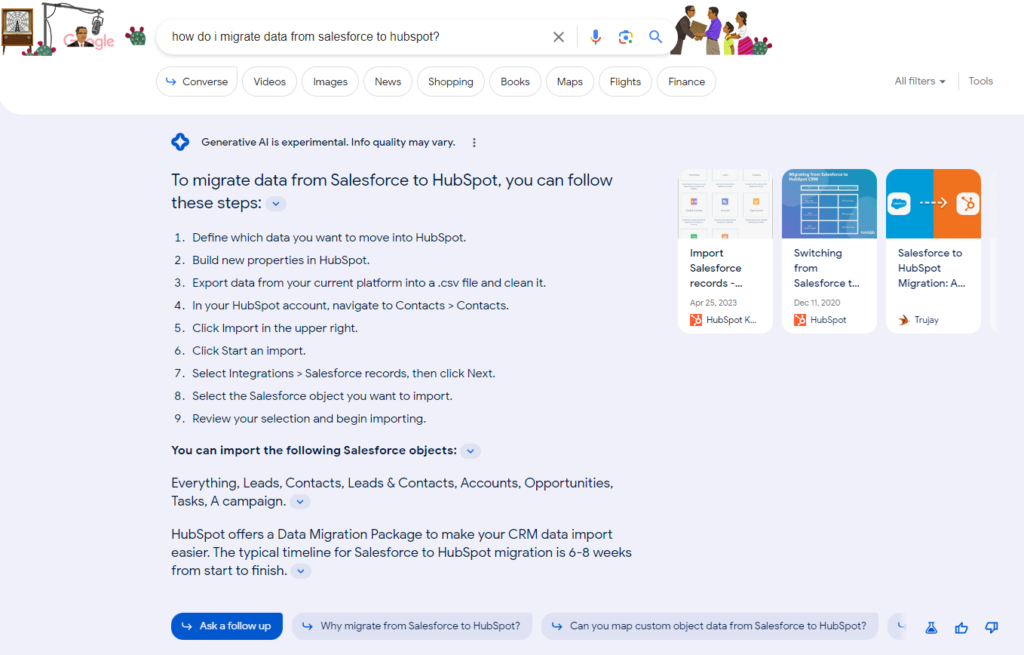 Screen shot of a Google Generative Search Experience response for the query "how do i migrate data from salesforce to hubspot".  How AI will Affect SEO - Body Image