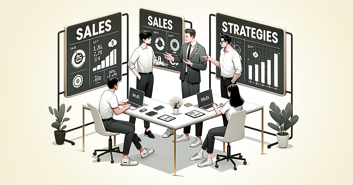 Sales professionals in business attire are talking while standing in front of blackboards with sales projection charts. Sales Enablement Strategies for Small Business - Featured Image