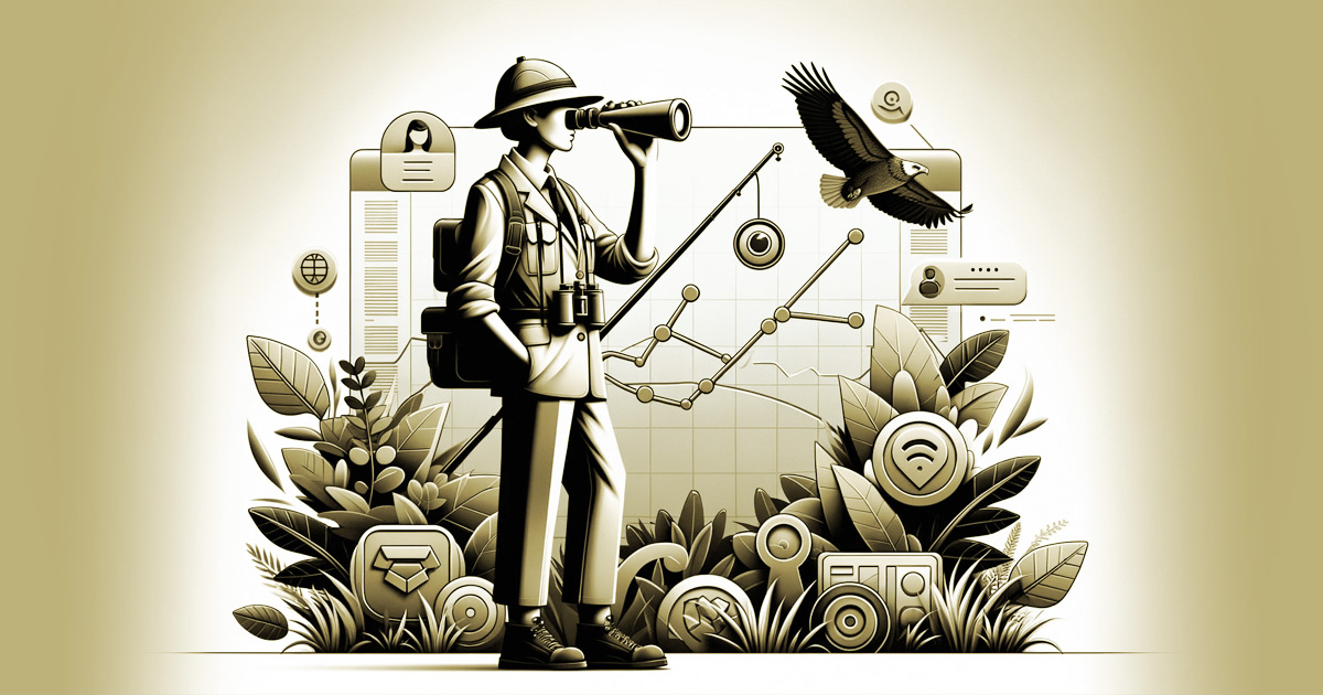 An illustrated image of a man on safari in a jungle looking through binoculars